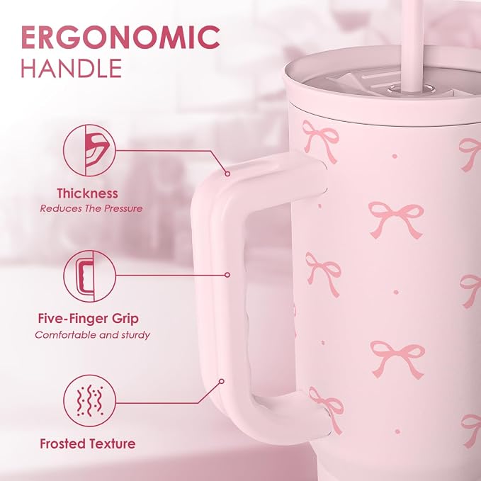 SANDJEST Gift for Women Girls - Coquette Bow Stainless Steel Tumbler with Handle, Travel Coffee Mug - Gifts for Birthday Christmas, 40oz - Image 3