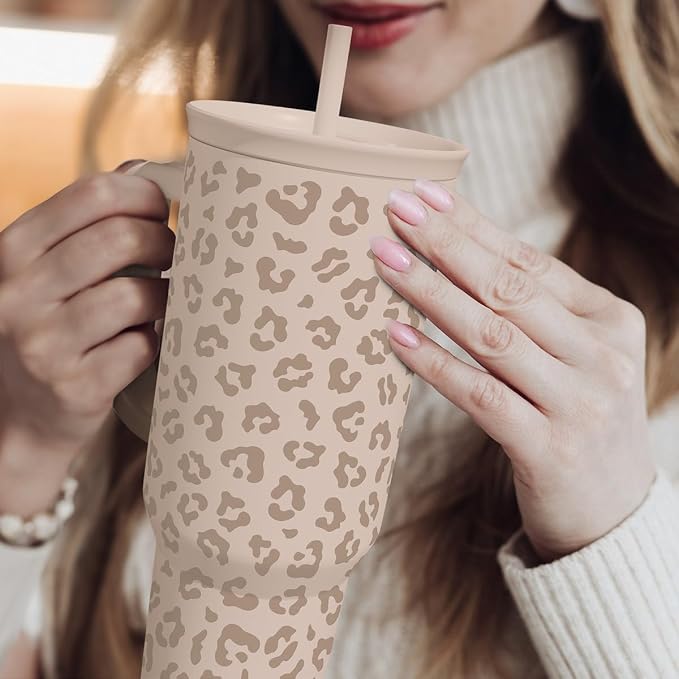 SANDJEST Leopard Tumbler with Handle, Insulated Cup Stainless Steel Travel Mug Cup, Gifts for Women Girl on Birthday Christmas, Tan Leopard, 40oz - Image 6