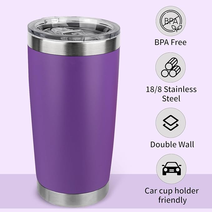 20oz Stainless Steel Tumbler with Lid, Travel Mug - Double Wall Vacuum Powder Coated Cup - Purple, 1 Pack - Image 3