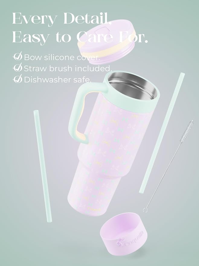 40 oz Insulated Tumbler with Handle and Push-Button Straw Lid, Stainless Steel Travel Cup for Gym Office, Leakproof, BPA-Free, Cup Holder Friendly, Bow Silicone Boot, Purple (Bow Lilac) - Image 6
