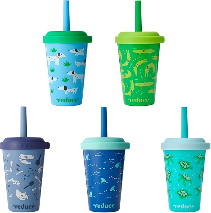 REDUCE GoGo's Kids Portable Tumbler Cups with Lids and Spill-Proof Straws - 5 Pack of Stackable 12 oz Tumblers with Twist-On Lids - Easy Storage, Dishwasher Safe - Scavenger Boy Set by Reduce