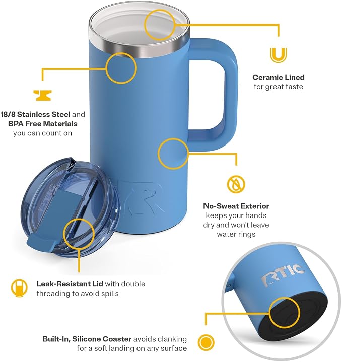 RTIC 16oz Road Trip Travel Mug with Lid and Handle, Insulated, Stainless Steel, Metal, Double Wall Vacuum-Insulation, Ceramic Lined, Portable Coffee, Tea Cup for Hot and Cold Drink, Denim - Image 3