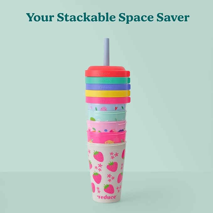 REDUCE GoGo's Kids Portable Tumbler Cups with Lids and Spill-Proof Straws - 5 Pack of Stackable 12 oz Tumblers with Twist-On Lids - Easy Storage, Dishwasher Safe - Fruity Cutie - Image 6