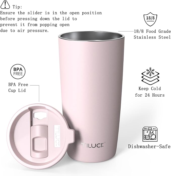 TILUCK 20 oz Insulated Tumbler with BPA-Free Lid, Stainless Steel Vacuum Travel Coffee Mug, Double Wall Coffee Tumbler （20oz，Matte LightPink） - Image 2