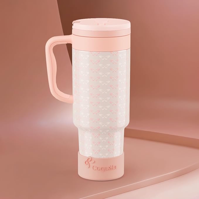 40 oz Insulated Tumbler with Handle and Push-Button Straw Lid, Stainless Steel Travel Cup for Gym Office, Leakproof, BPA-Free, Cup Holder Friendly, Bow Silicone Boot, Cream (Coquette Peachy) - Image 2
