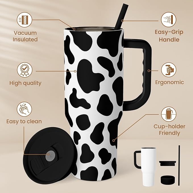 SANDJEST Cow Tumbler with Handle 40oz, Cow Print Cup Stainless Steel Tumblers Coffee Travel Cups with Slider Lid, Cow Gifts for Women Birthday Christmas Mothers Day - Image 2