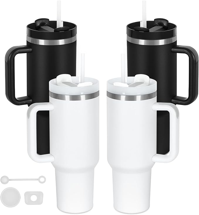 4 Pack 40 Oz Tumblers with Handle Bulk, Double Wall Vacuum Insulated Stainless Steel Tumblers with Lid and Straw, 40 oz Cups with Silicone Spill Proof Stopper Set (Black-2,White-2) by Temolulu