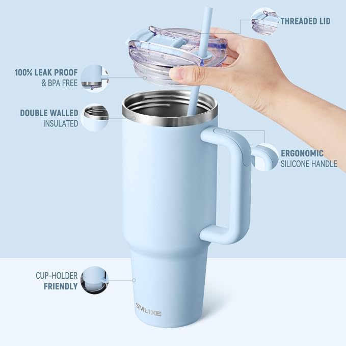 40 oz Tumbler with Handle and Straw Lid,Insulated Reusable Stainless Steel Water Bottle Travel Mug，Cupholder Friendly Double Wall Vacuum Sealed Cup (Sky Blue) - Image 2