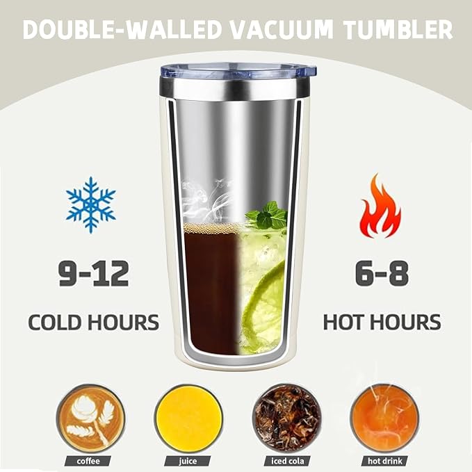 20 oz Tumbler with Lids and Straws, Stainless Steel Insulated Coffee Tumbler, Double Wall Vacuum Insulated Travel Mug Cup, Leakproof Thermal Coffee Cup for Hot and Cold Drinks (cream) - Image 3
