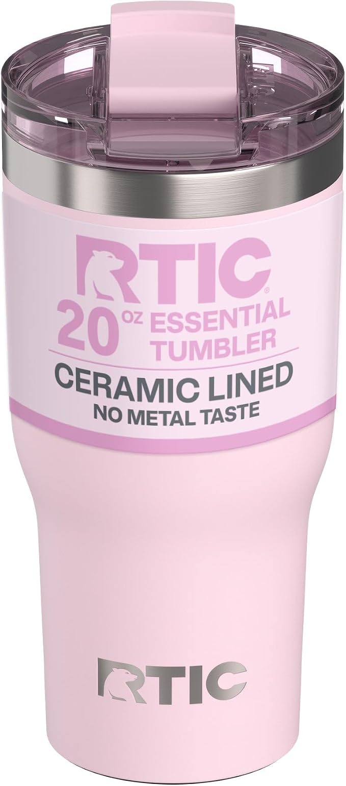 RTIC 20oz Essential Tumbler with Lid, Ceramic Lined, Insulated, Stainless Steel, Metal, Double Wall Vacuum-Insulation, Travel Cup for Iced Coffee, Tea, Hot and Cold Drink, Pale Pink by RTIC