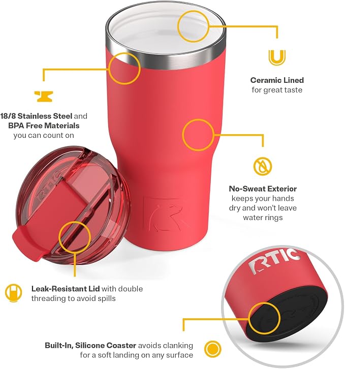 RTIC 20oz Essential Tumbler with Lid, Ceramic Lined, Insulated, Stainless Steel, Metal, Double Wall Vacuum-Insulation, Travel Cup for Iced Coffee, Tea, Hot and Cold Drink, Flag Red - Image 3
