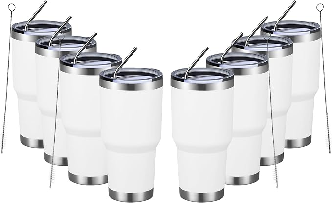 MEWAY 30oz Insulated Tumbler With Lids and Straws,Stainless Steel Double Vacuum Coffee Tumbler Cup, Brush, Durable Powder Coated Coffee Cup for Cold & Hot Drinks, Office, Travel(White,8 PACK) by MEWAY