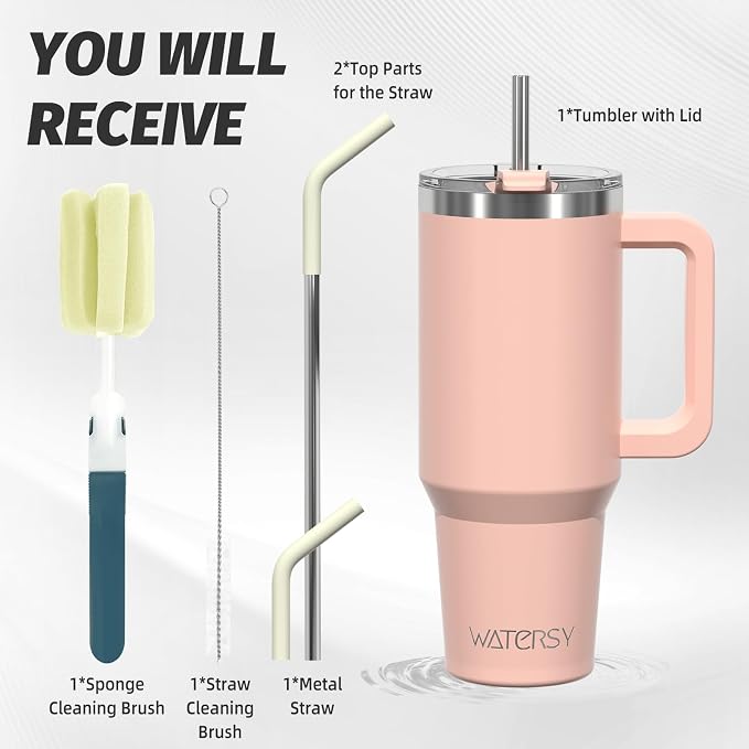40 oz Tumbler with Handle,Tumbler with Lid and Straw,Double Wall Insulated Cup Stainless Steel Travel Mug(Cold for 34 Hours),Water Bottle for Iced Tea,Coffee,Cold Beverages(Pink) - Image 3