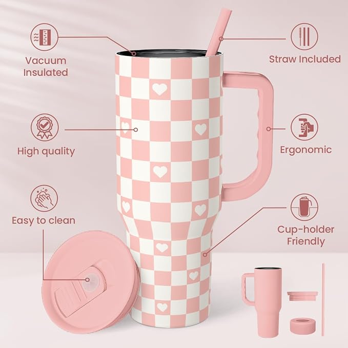 40oz Checkered and Heart Tumbler with Handle and Straw - Insulated Stainless Steel Travel Coffee Mug for Women Girls, Gift for Birthday, Christmas - Image 2