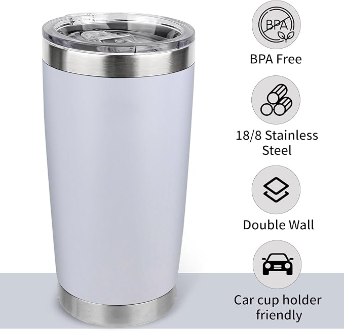20oz Stainless Steel Tumbler Bulk with Lid, Travel Mug - Double Wall Vacuum Powder Coated Cup - White, 12 Pack - Image 3