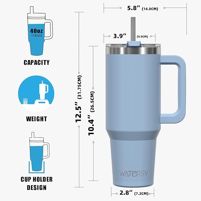 40 oz Tumbler with Handle,Tumbler with Lid and Straw,Double Wall Insulated Cup Stainless Steel Travel Mug(Cold for 34 Hours),Water Bottle for Iced Tea,Coffee,Cold Beverages(Smog Blue) - Image 8