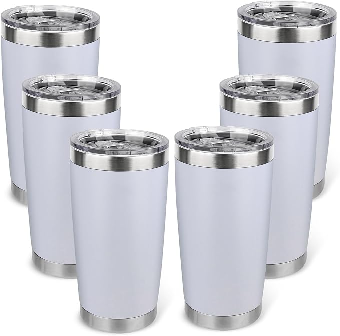 20oz Stainless Steel Tumbler Bulk with Lid, Travel Mug - Double Wall Vacuum Powder Coated Cup - White, 6 Pack by Unknown