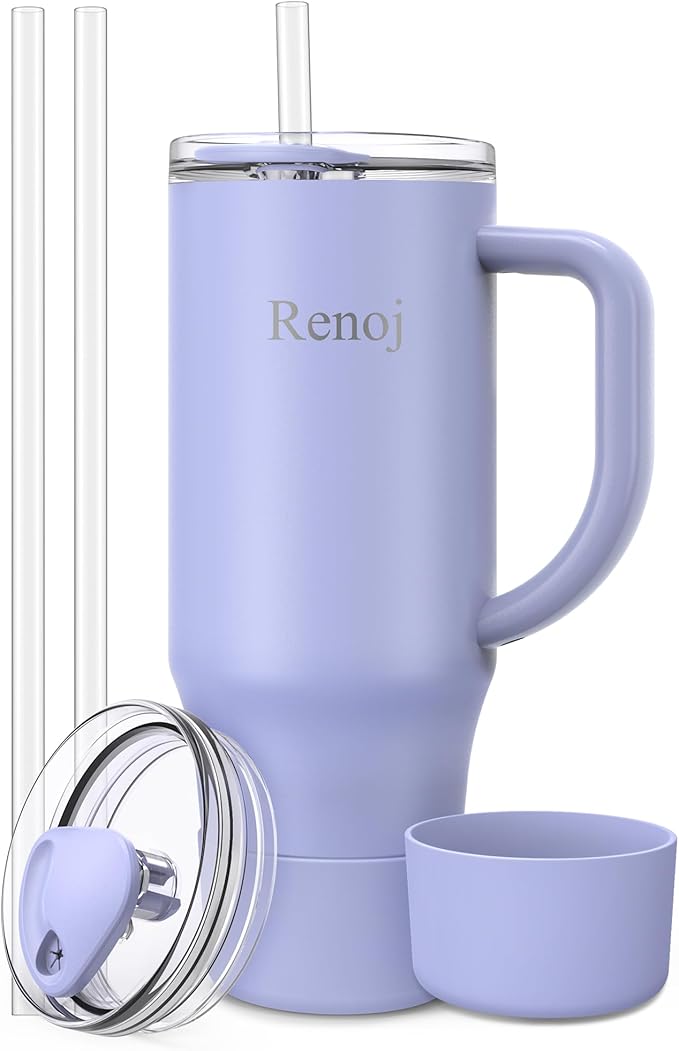 Renoj Insulated Mug 100% Spill Resistant Insulated Water Bottle for Iced Coffee & Hot Drinks - Fits Car Cup Holder, Ideal Gift, 2 Straws & Silicone Boot - FlexSlide Blue 32 oz by VisittheRenoj