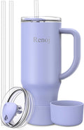 Renoj Insulated Mug 100% Spill Resistant Insulated Water Bottle for Iced Coffee & Hot Drinks - Fits Car Cup Holder, Ideal Gift, 2 Straws & Silicone Boot - FlexSlide Blue 32 oz by VisittheRenoj