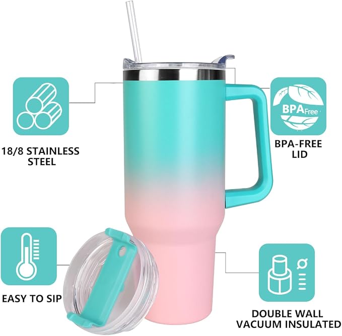 SYACOT 40 oz Tumbler with Handle and Straw Stainless Steel Insulated Tumbler Leak Proof Lid and Straw Lid Reusable Travel Mug Coffee Mug Cup Dishwasher Safe Keep Drinks Cold and Hot (Bubble Gum) - Image 4