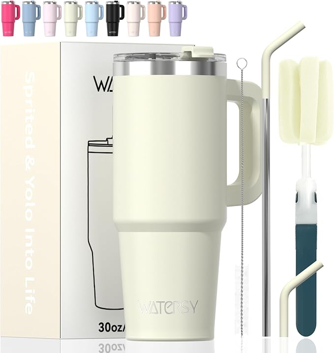 20 oz Tumbler with Handle,Tumbler with Lid and Straw,Double Wall Insulated Cup Stainless Steel Travel Mug(Cold for 34 Hours),Water Bottle for Iced Tea,Coffee,Cold Beverages(Cream White) by Watersy