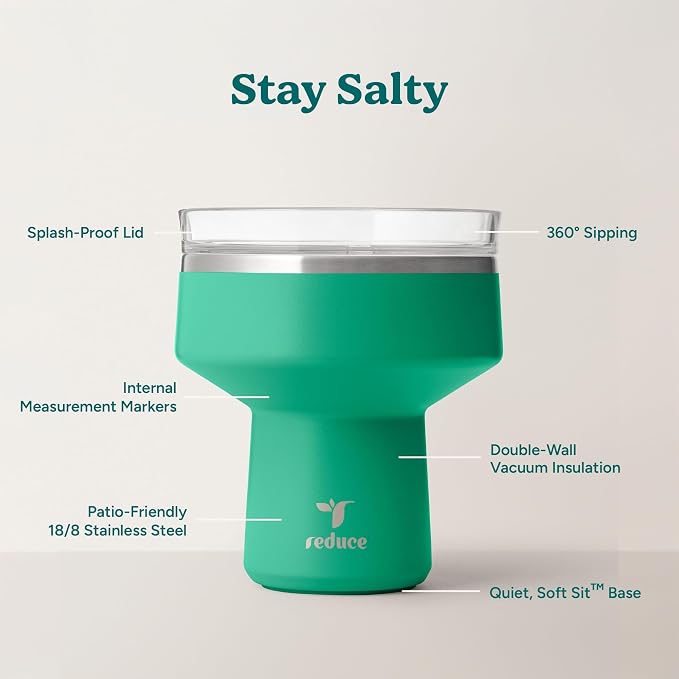 REDUCE Saltini 16 oz Cocktail Tumbler - Insulated Margarita Tumbler with Lid - Keeps Drinks Cold for 10 Hours - 360 Sippable Martini Glass Alternative - Shatterproof, Perfect for Parties - Palm Leaf - Image 3