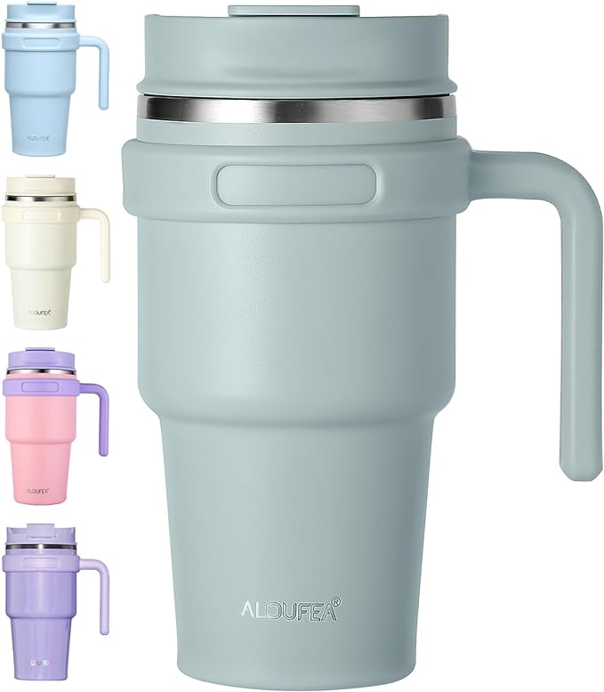 ALOUFEA 20 oz Insulated Coffee Mug Tumbler with Handle, Stainless Steel Travel Mug Tumbler with Lid and Straw,Double Wall Vacuum Leak Proof Ice Coffee Thermal Cup,Sage by ALOUFEA