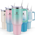 40 oz Tumbler with Handle and Straw Lid, 100% Leak-proof Travel Coffee Mug, Stainless Steel Insulated Cup for Hot Cold Beverages, Keeps Cold for 34Hrs or Hot for 10Hrs, Dishwasher Safe (GreenPink) by SOUFULL