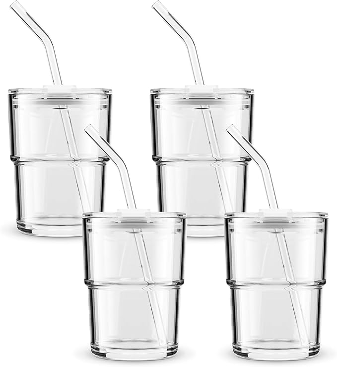 BLUEPOLAR 13 oz Tumbler Water Glass, Water Bottle with Straw and Dustproof Lid, Coffee Ice Cup Double Wall Insulated Glass Cup (White-4pack) by BLUEPOLAR