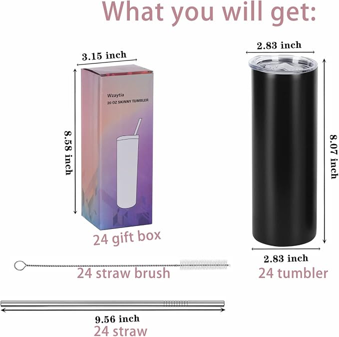 24 Pack 20 Oz Straight Skinny Tumblers,Individually Gift Boxed Stainless Steel Slim Skinny Tumbler Set Bulk, 20 Oz Insulated Slim Thin Travel Tumbler Cup for Diy, Black - Image 6