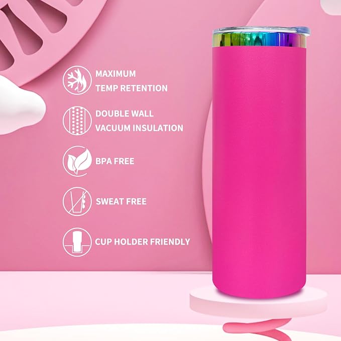20 oz Skinny Tumblers Stainless Steel Tumbler with Lid and Straw Double Wall Vacuum Insulated Coffee Mug 20oz Powder Coated Cup for Hot and Cold Drinks(Rosy,4 pack) - Image 5