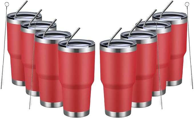 MEWAY 30oz Insulated Tumbler With Lids and Straws,Stainless Steel Double Vacuum Coffee Tumbler Cup, Brush, Durable Powder Coated Coffee Cup for Cold & Hot Drinks, Office, Travel(Coral red,8 PACK) by MEWAY