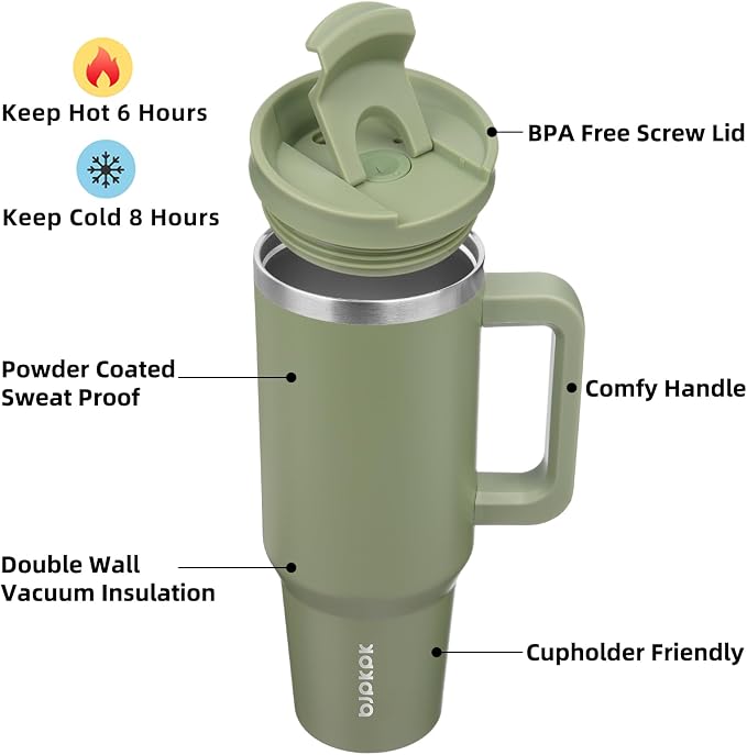 BJPKPK 40 oz Insulated Tumbler With Lid And Straw Stainless Steel Tumblers Cup With Handle For Women And Men,Sage - Image 2