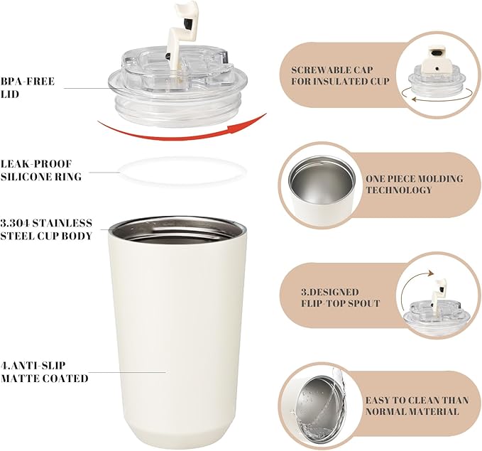 Puraville Insulated Tumblers with Lid, 14 oz Travel Coffee Mug Stainless Steel Vacuum Cup, Leak Proof Reusable Double Walled Coffee Tumbler for Iced and Hot Drinks, Cream - Image 4