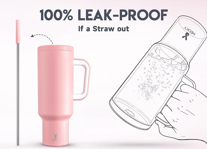 Meoky 50 oz Tumbler with Handle, Tumbler with Lid and Straw, Insulated Stainless Steel Travel Mug, 100% Leak-proof, Keeps Cold for 36 Hours or Hot for 12 Hours (Blush) - Image 3