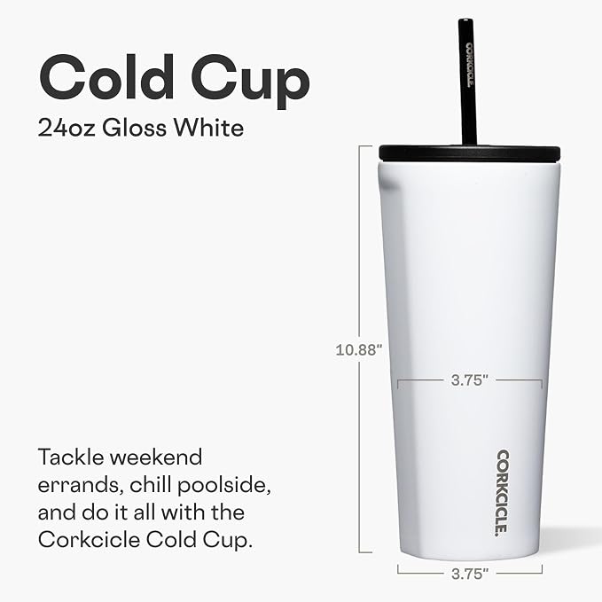 Corkcicle Cold Cup Insulated Tumbler with Straw - Keeps Drinks Cold for 12 Hours - Triple-Insulated Stainless Steel - Leak-Resistant Lid - Summer Drinkware Gift - 24 oz - Gloss White - Image 2
