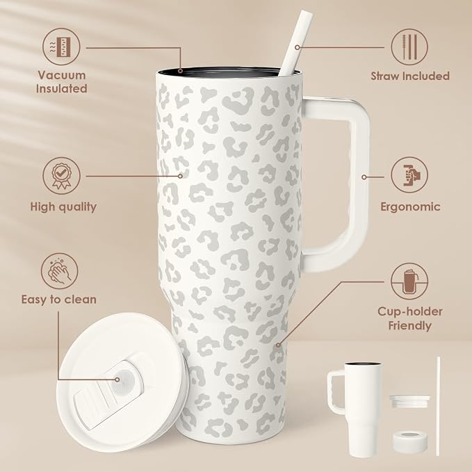 SANDJEST Leopard Tumbler with Handle, Insulated Cup Stainless Steel Travel Mug Cup, Gifts for Women Girl on Birthday Christmas, Cream Leopard, 40oz - Image 2