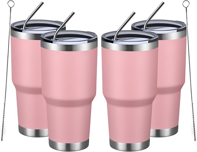 MEWAY 30oz Insulated Tumbler With Lids and Straws,Stainless Steel Double Vacuum Coffee Tumbler Cup, Brush, Durable Powder Coated Coffee Cup for Cold & Hot Drinks, Office, Travel(Pink,4 PACK) by MEWAY