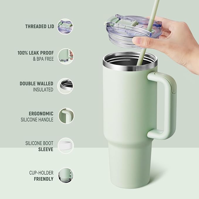 COKTIK 40 oz Tumbler With Handle and Straw, Insulated Tumbler With Leakproof Lids, Stainless Steel|BPA-Free, Cold for 24 H (Seafoam) - Image 3