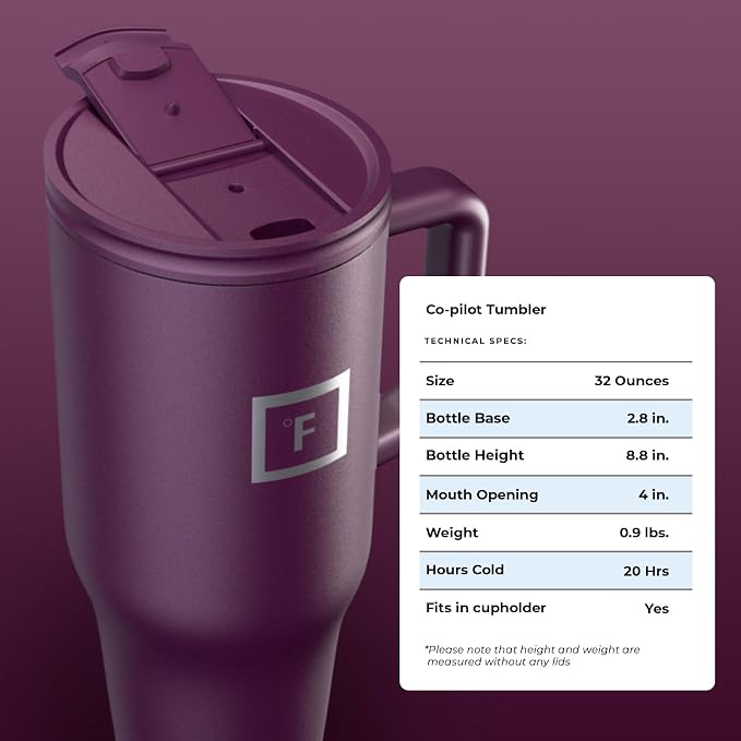 IRON °FLASK Co-Pilot Insulated Mug w/Straw & Flip Cap Lids - Cup Holder Bottle for Hot, Cold Drink - Leak-Proof - Water, Coffee Portable Travel Mug - Burgundy, 32 Oz - Image 9