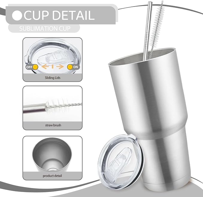 YOUKE OLA 8 Pack Stainless Steel Insulated Tumbler with Lids and Straws Bulk Double Wall Vacuum Insulated Coffee Travel Tumbler for DIY Gift (Silver, 30oz) - Image 3