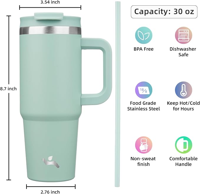 Konokyo 30 oz Tumbler with Handle and 2 Straws,2 in 1 Lid Insulated Water Bottle Stainless Steel Travel Coffee Mug,Retro Green - Image 4