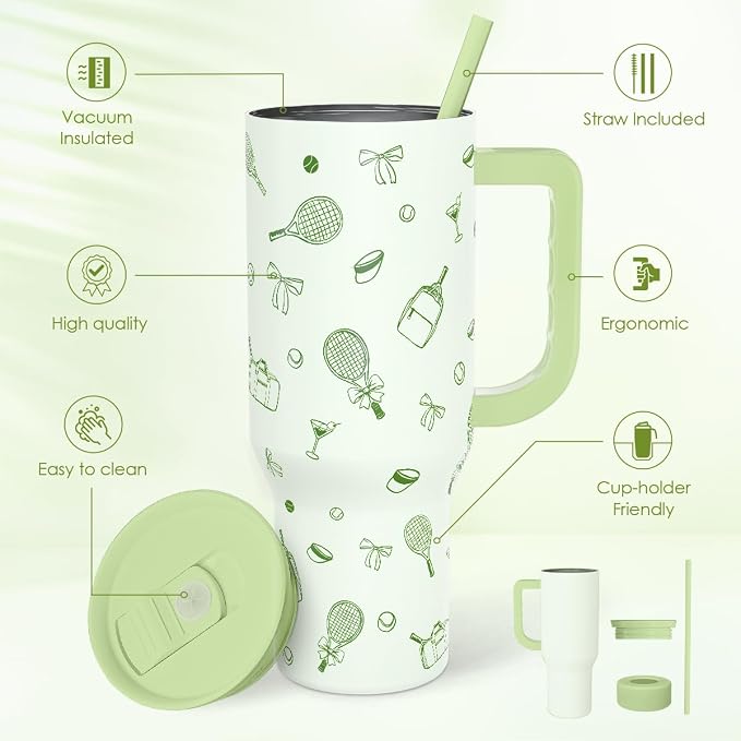 SANDJEST Tennis 40oz Tumbler With Handle and Straw, Insulated Stainless Steel Travel Coffee Mug for Women Girls Tennis Players, Gift Idea for Birthday Christmas Mothers Day - Image 2