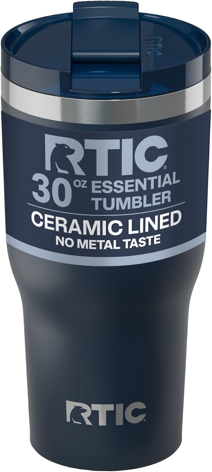 RTIC 30oz Essential Tumbler with Lid, Ceramic Lined, Insulated, Stainless Steel, Metal, Double Wall Vacuum-Insulation, Travel Cup for Iced Coffee, Tea, Hot and Cold Drink, Navy by RTIC