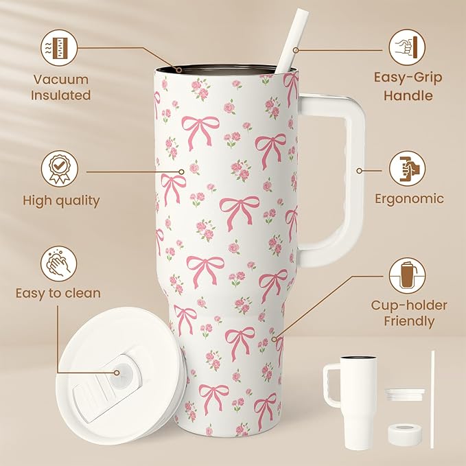 Bow Tumbler with Handle 40oz, Stainless Steel Insulated Tumblers Coffee Travel Cup with Slider Straw Lid, Gifts for Women Teen Girls Birthday - Image 2