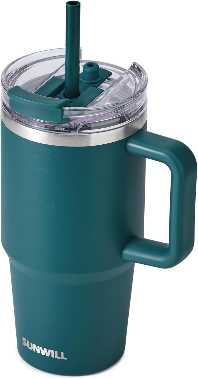 SUNWILL Coffee Tumbler with Handle, 20 oz Travel Mug with Lid and Straw Insulated, Stainless Steel Cup Leak Proof for Travel & Outdoor, Cupholder Friendly, Powder Coated Deep Teal by SUNWILL