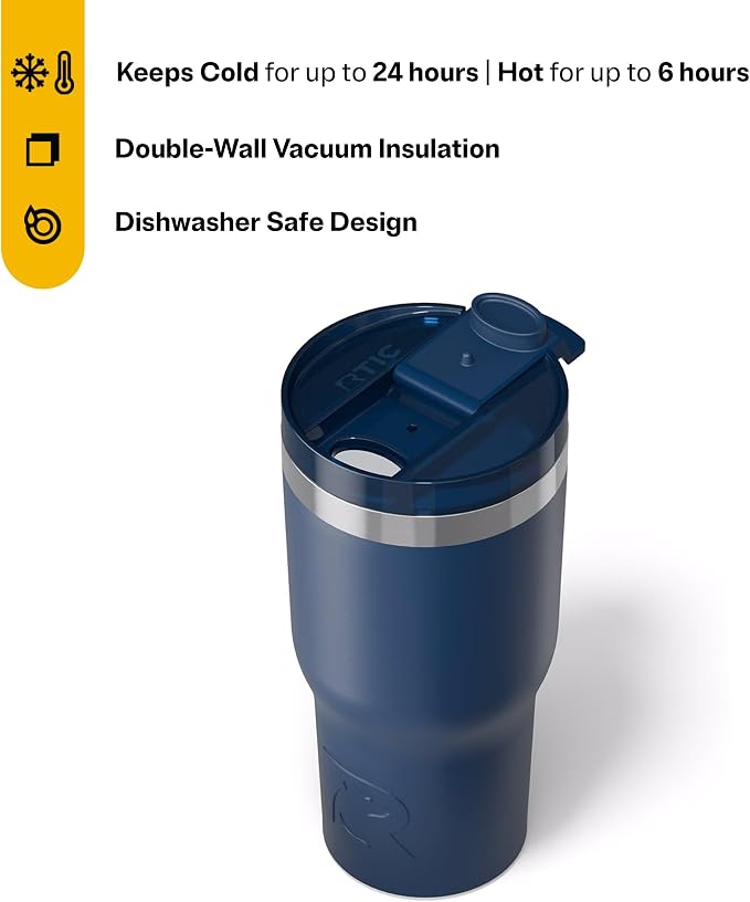 RTIC 20oz Essential Tumbler with Lid, Ceramic Lined, Insulated, Stainless Steel, Metal, Double Wall Vacuum-Insulation, Travel Cup for Iced Coffee, Tea, Hot and Cold Drink, Navy - Image 3