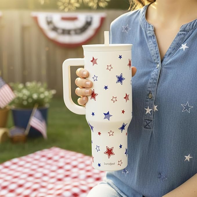 SANDJEST American Flag 40oz Tumbler with Handle and Straw, Insulated Stainless Steel Travel Coffee Mug for Women Girls, Gift Idea for Birthday Christmas 4th of July (Star) - Image 6