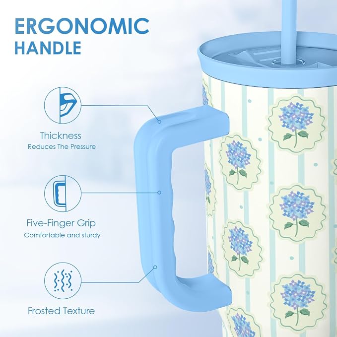 SANDJEST Hydrangea 40oz Tumbler with Handle and Straw, Floral Insulated Stainless Steel Travel Coffee Mug for Women Girls, Gift Idea for Birthday Christmas Mothers Day - Image 3