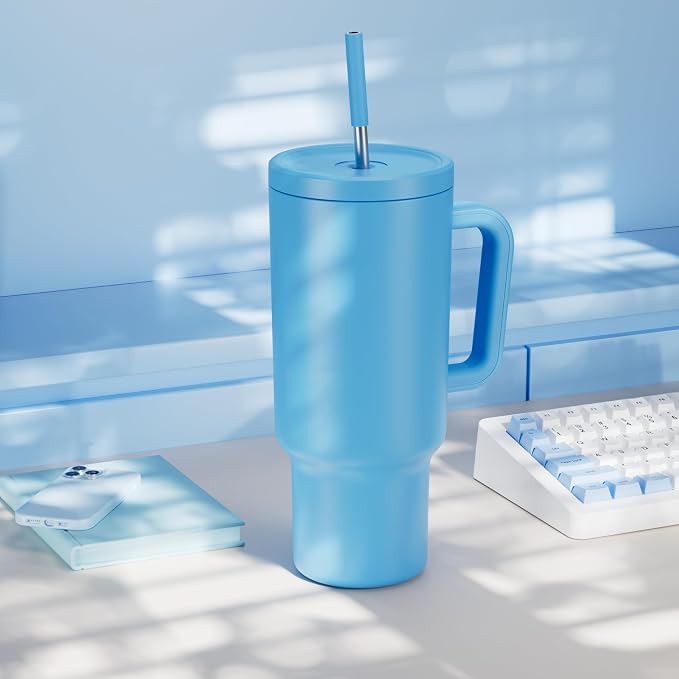 Meoky 40 oz Tumbler with Handle and Straw: Stainless Steel Insulated Tumbler with Lid and Straw - 100% Leak Proof Tumbler for Car Cup Holders - Travelers Commuters Workers, Blue - Image 7